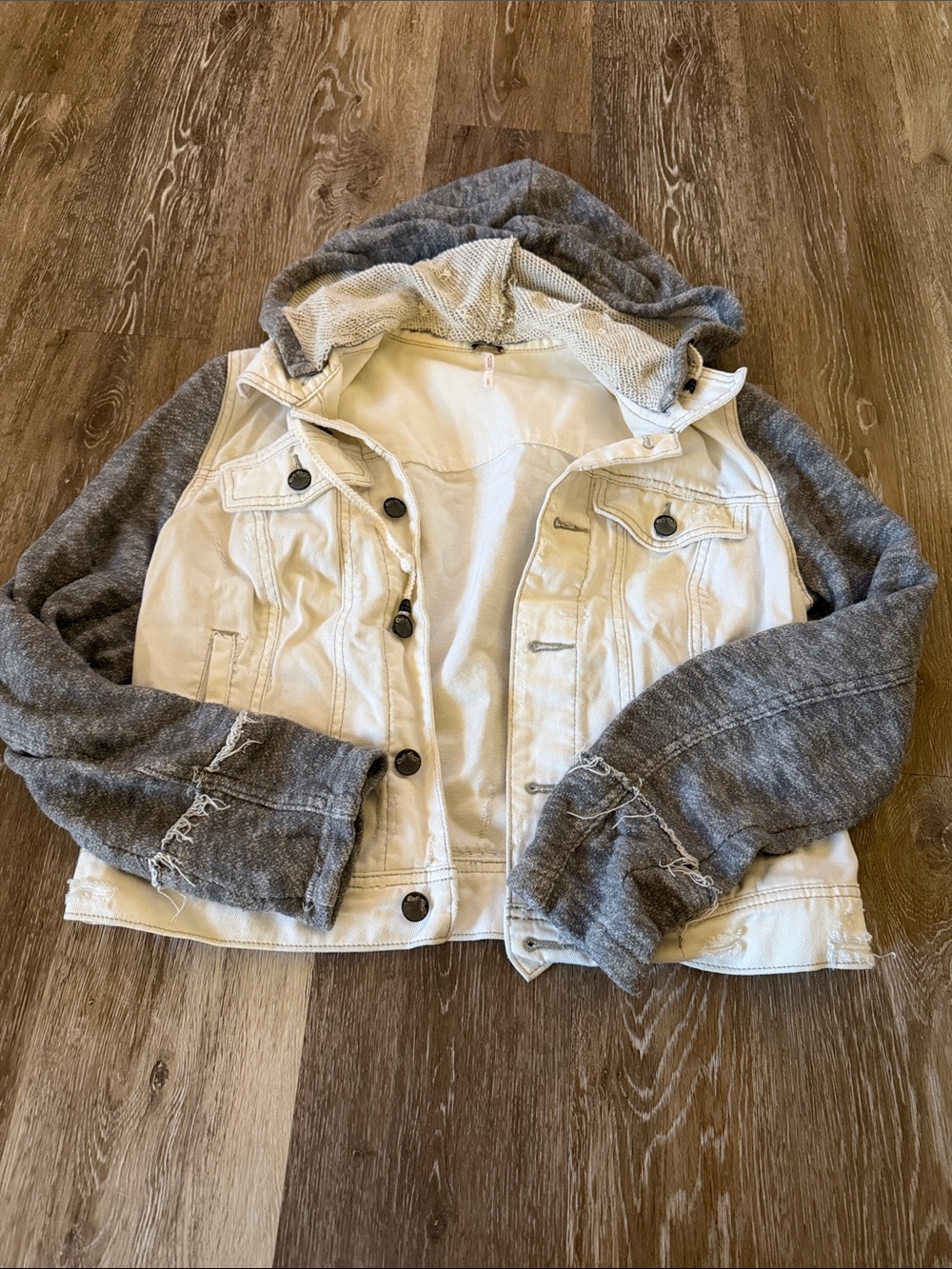 Free People Two-Tone Hooded Denim Jacket in Cream and Gray
